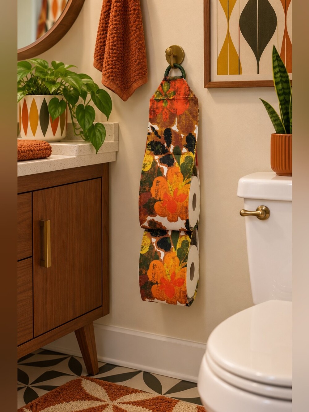 Vintage MCM Floral Hanging Toilet Paper Holder